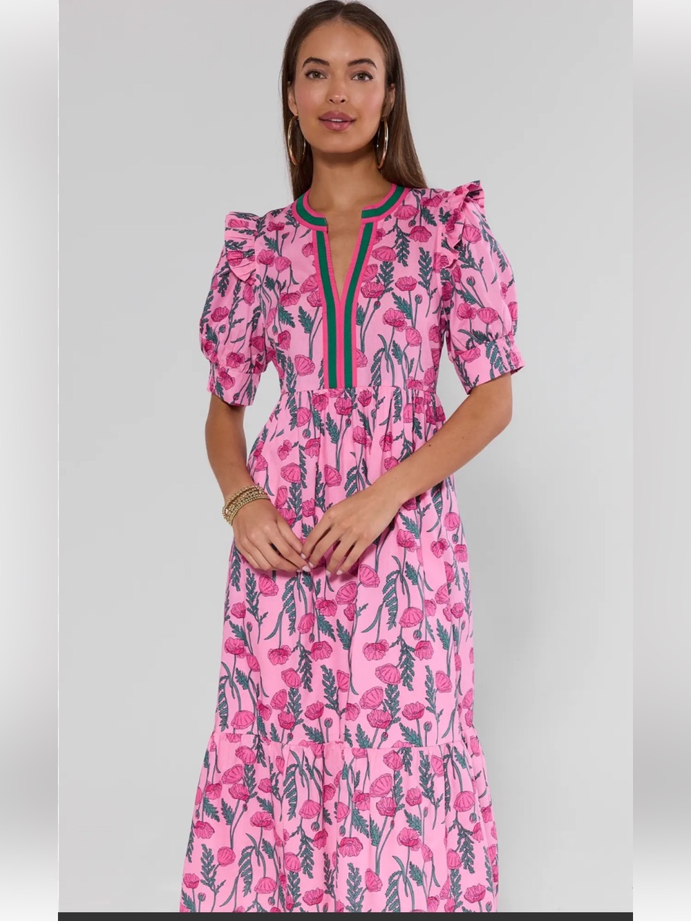 NWT Avara S puff sleeved  floral cotton pink maxi dress